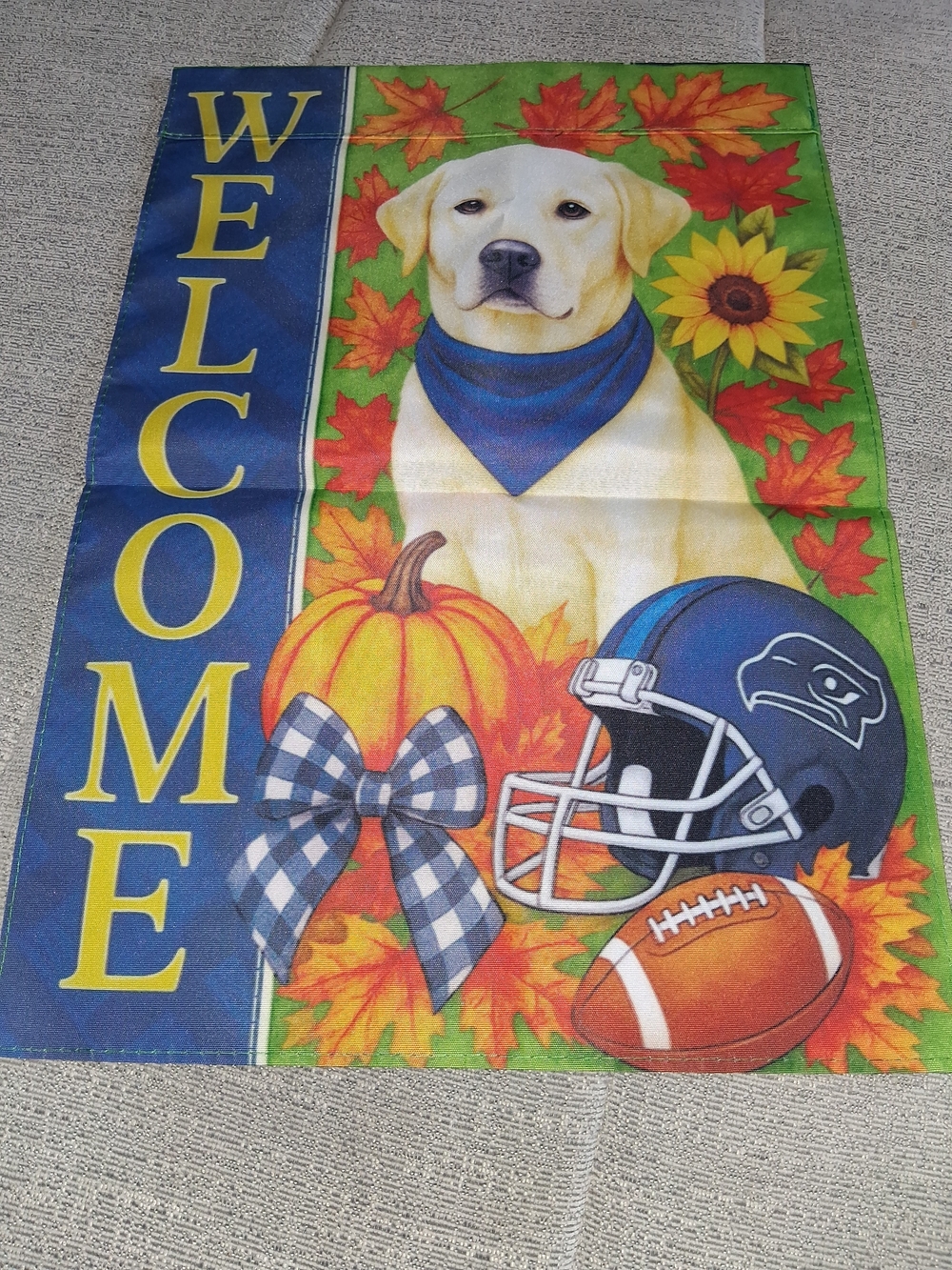 Welcome Fall Garden Flag with Yellow Lab and Football - Blue/Green Gameday